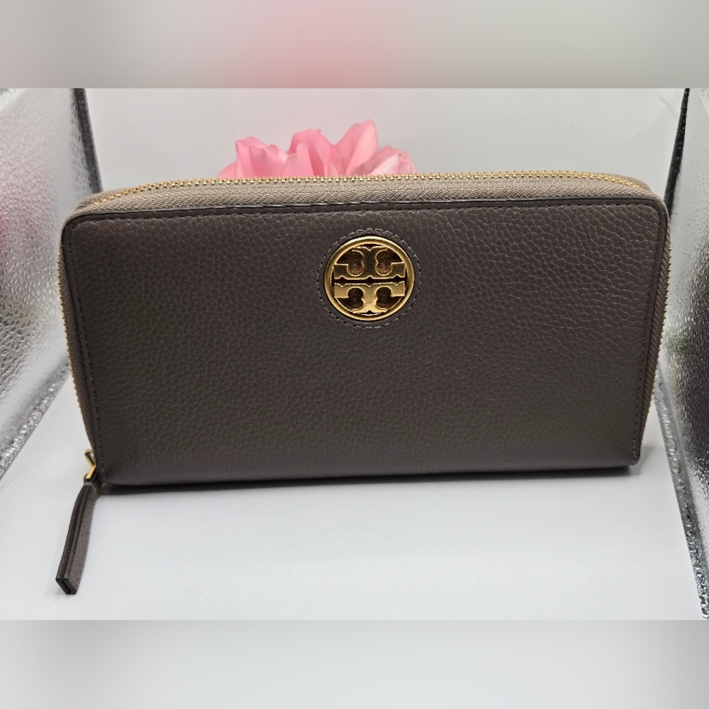 Tory Burch Gray Leather Wallet with Gold Accent